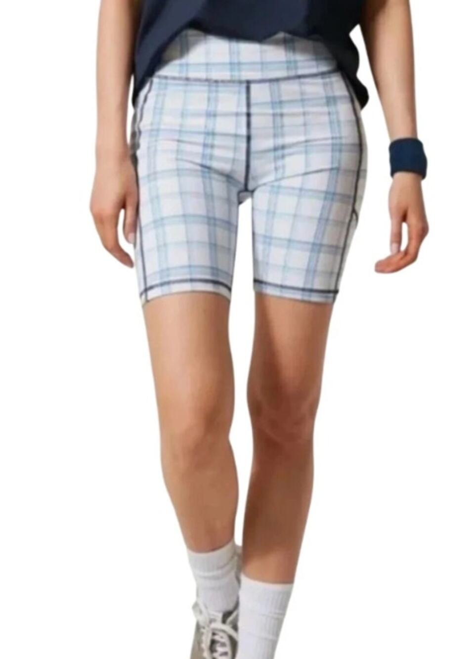 NWT Tuckernuck Provincial Plaid 7-Inch Compression Bike Short White Blue Size S